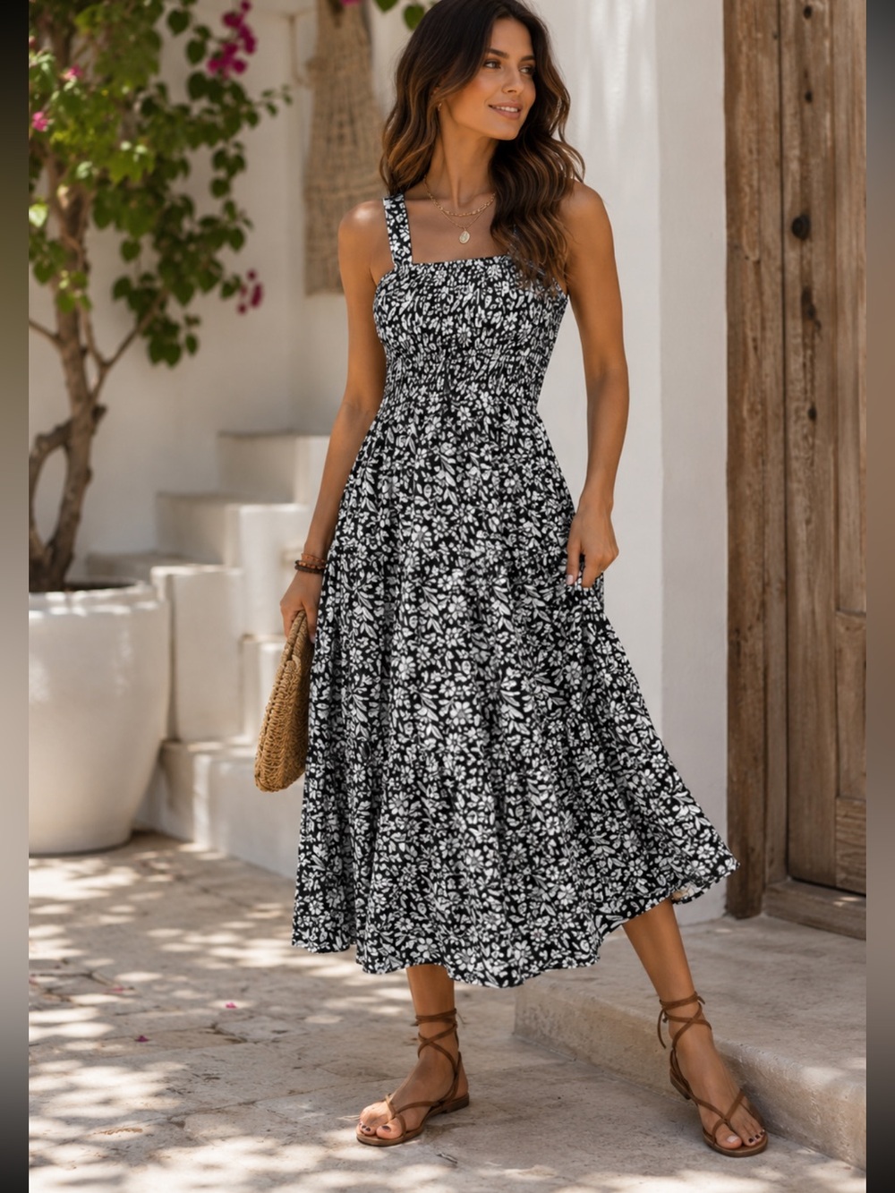 ShopEvelynne Black & White Smocked Floral Midi Dress
